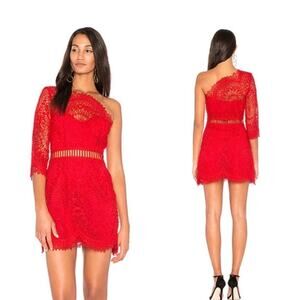 Saylor Pippa One Shoulder Dress Red XS Lace Mini Cocktail Sheer 3/4 Sleeve